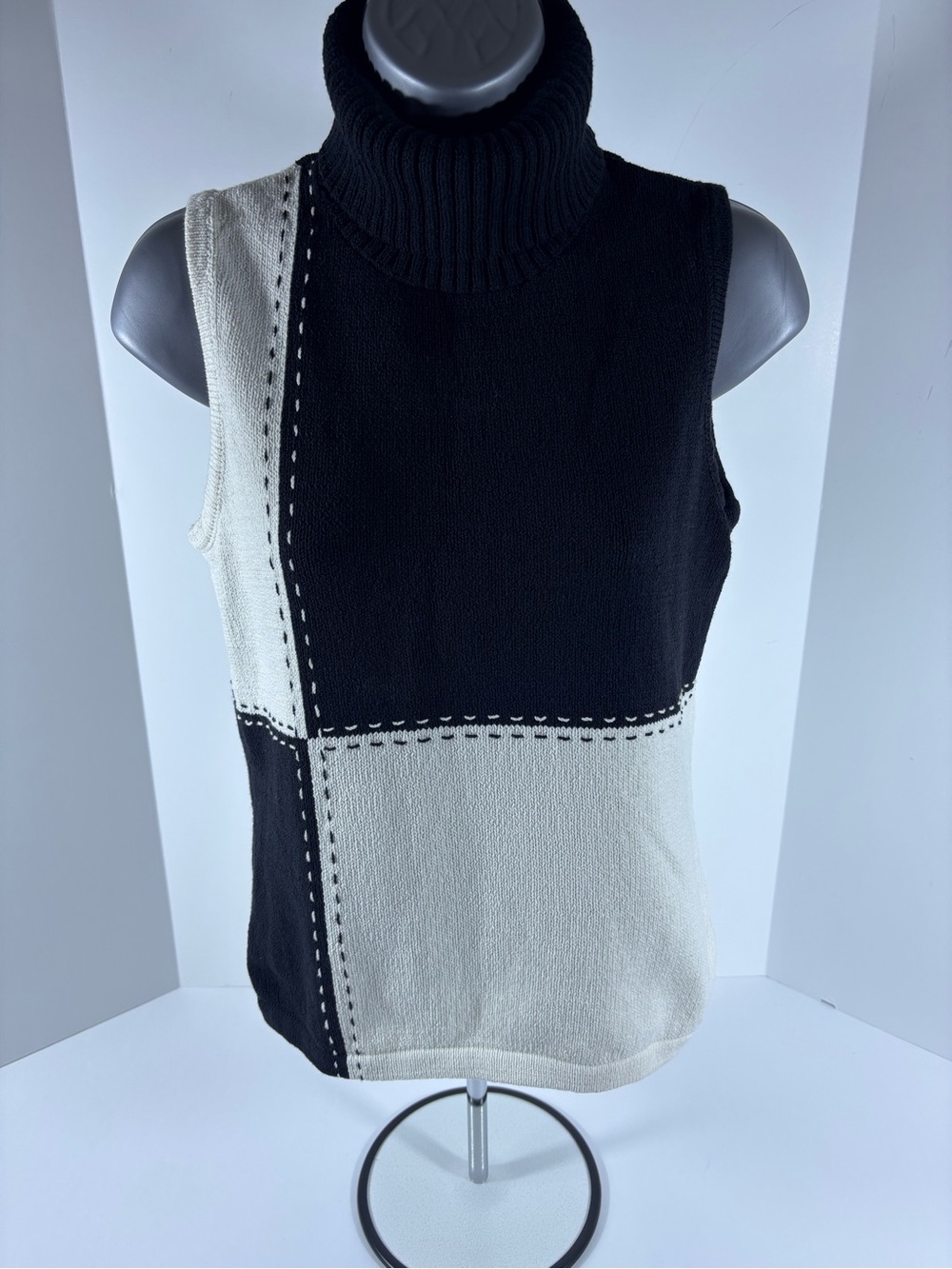 Jones New York Petite Black Ivory Colorblock Turtleneck Sweater Vest P/S